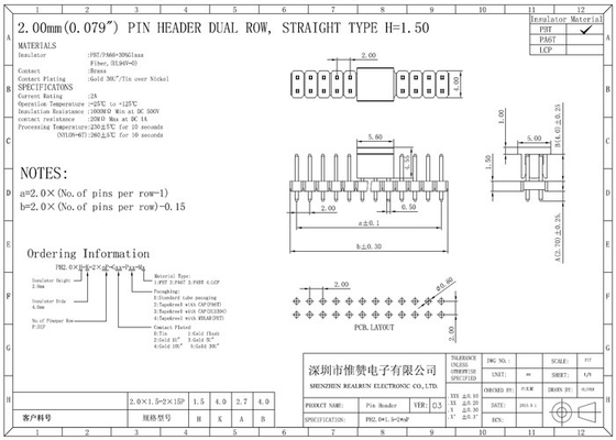 Camada dupla Pin Header Connector DC500V SMT horizontal PA6T